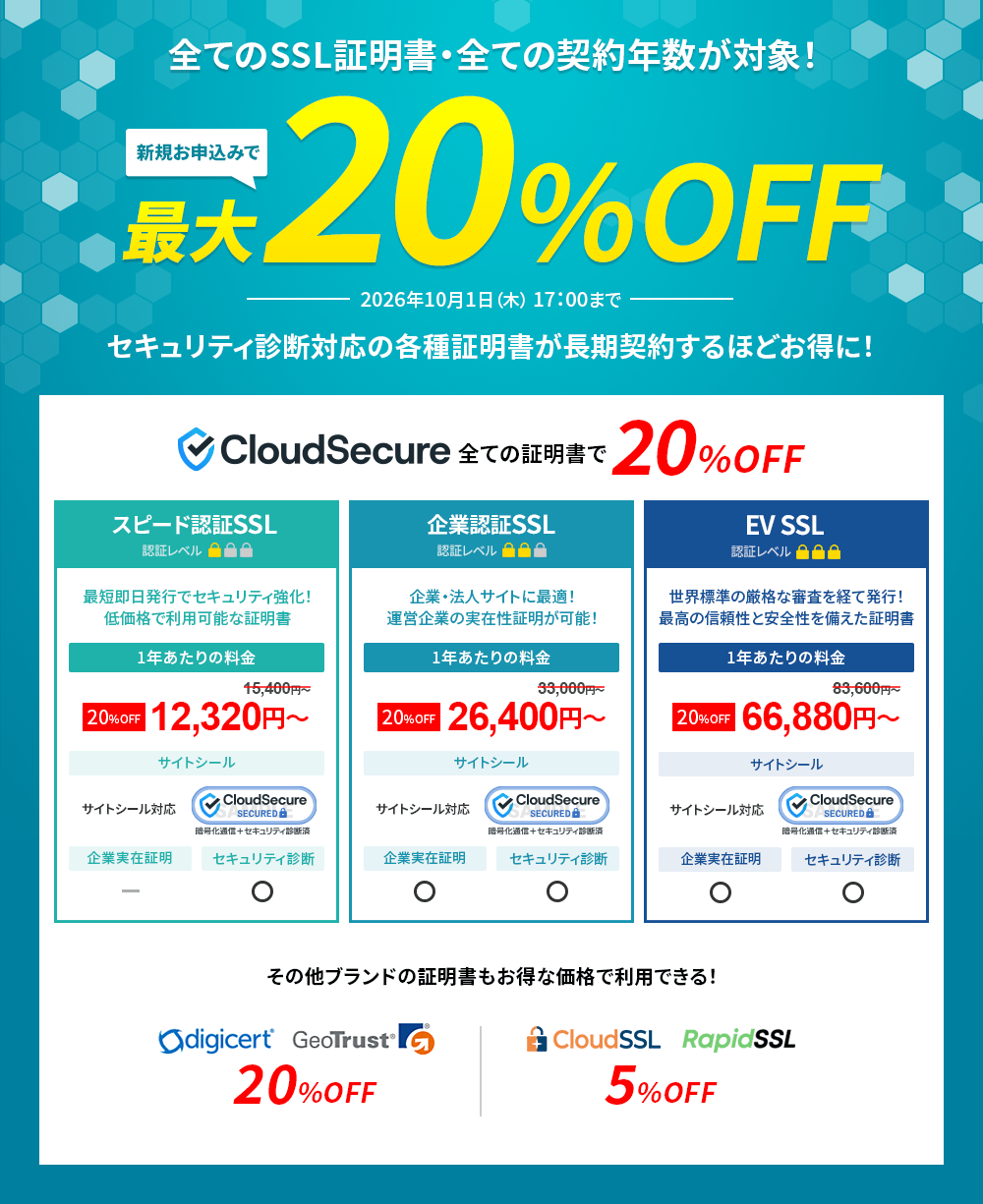 SSL証明書 最大20%OFFキャンペーン＜2026年6月9日(火) 12:00～2026年10月1日(木) 17:00まで＞